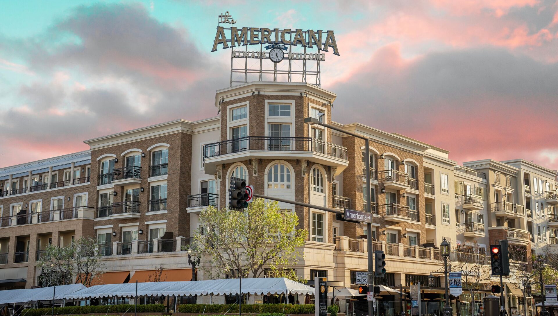 The Americana at Brand in downtown Glendale, California at sunset